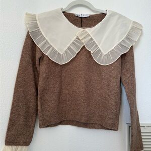 NWT Zara Brown Knit with Cream Ruffle Collar